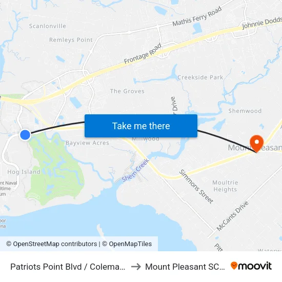 Patriots Point Blvd / Coleman Blvd to Mount Pleasant SC USA map