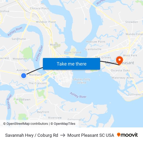 Savannah Hwy / Coburg Rd to Mount Pleasant SC USA map