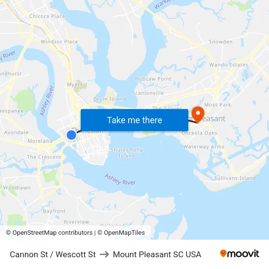 Cannon St / Wescott St to Mount Pleasant SC USA map