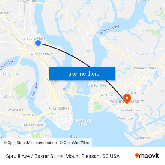 Spruill Ave / Baxter St to Mount Pleasant SC USA map