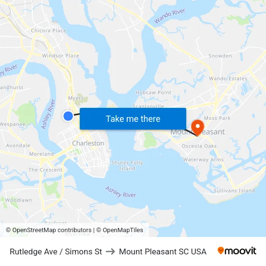 Rutledge Ave / Simons St to Mount Pleasant SC USA map