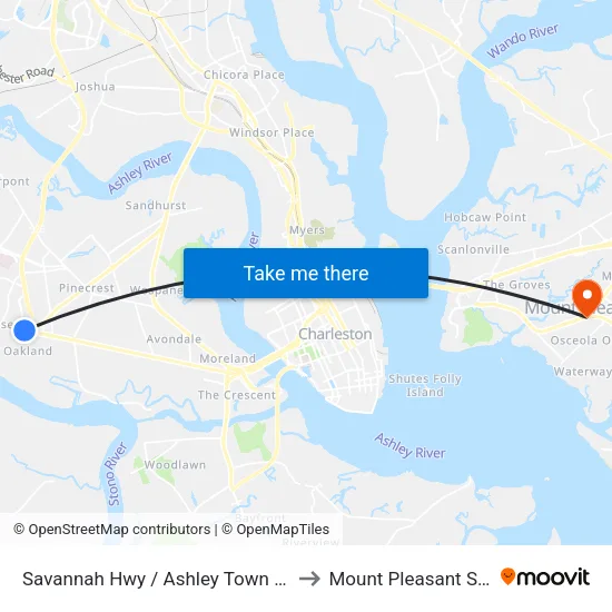 Savannah Hwy / Ashley Town Center Dr to Mount Pleasant SC USA map