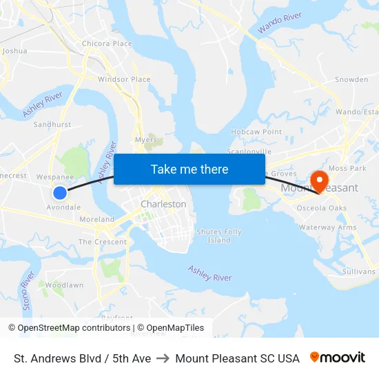 St. Andrews Blvd / 5th Ave to Mount Pleasant SC USA map