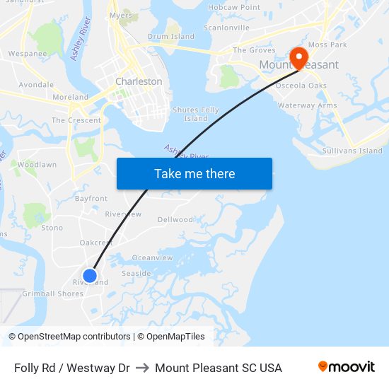 Folly Rd / Westway Dr to Mount Pleasant SC USA map