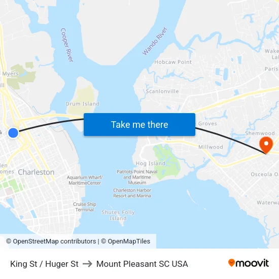 King St / Huger St to Mount Pleasant SC USA map