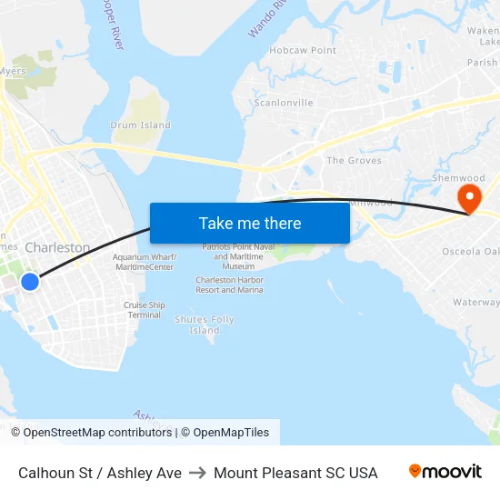Calhoun St / Ashley Ave to Mount Pleasant SC USA map