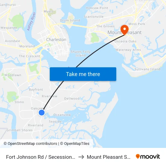 Fort Johnson Rd / Secessionville Rd to Mount Pleasant SC USA map