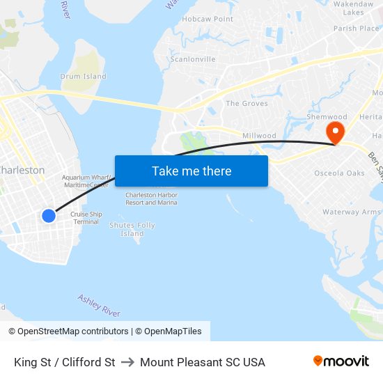 King St / Clifford St to Mount Pleasant SC USA map