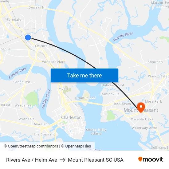 Rivers Ave / Helm Ave to Mount Pleasant SC USA map