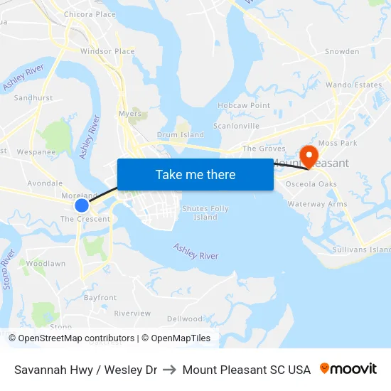 Savannah Hwy / Wesley Dr to Mount Pleasant SC USA map