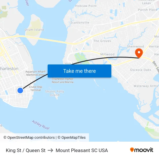 King St / Queen St to Mount Pleasant SC USA map