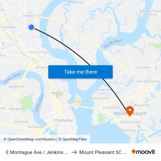 E Montague Ave / Jenkins Ave to Mount Pleasant SC USA map