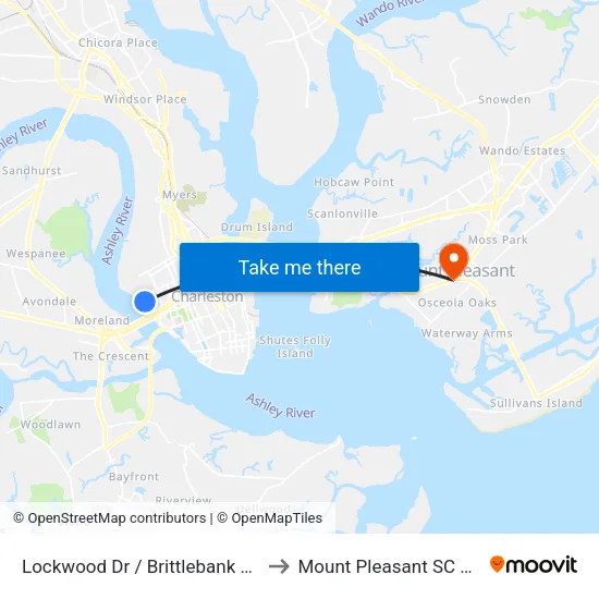 Lockwood Dr / Brittlebank Park to Mount Pleasant SC USA map