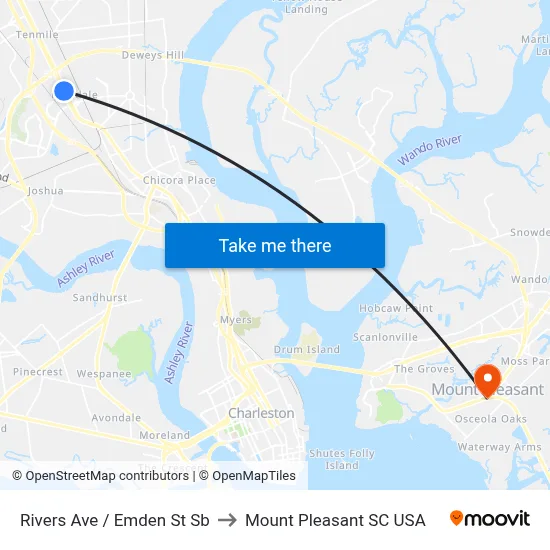 Rivers Ave / Emden St Sb to Mount Pleasant SC USA map