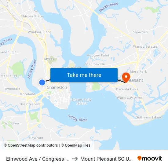 Elmwood Ave / Congress St to Mount Pleasant SC USA map