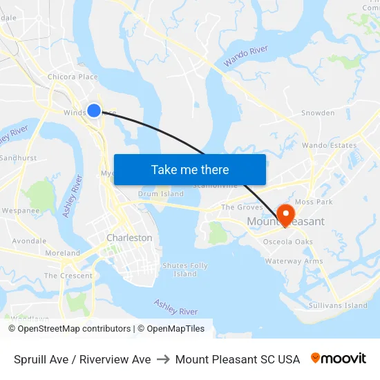 Spruill Ave / Riverview Ave to Mount Pleasant SC USA map