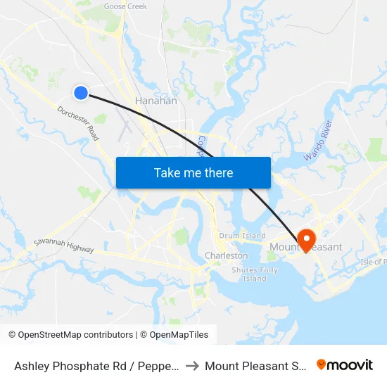 Ashley Phosphate Rd / Pepperidge Dr to Mount Pleasant SC USA map