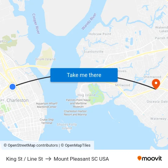 King St / Line St to Mount Pleasant SC USA map