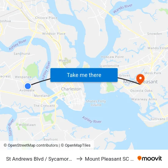 St Andrews Blvd / Sycamore Ave to Mount Pleasant SC USA map