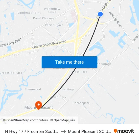 N Hwy 17 / Freeman Scott Rd to Mount Pleasant SC USA map