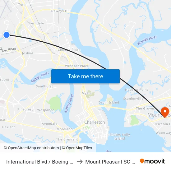 International Blvd / Boeing Blvd to Mount Pleasant SC USA map