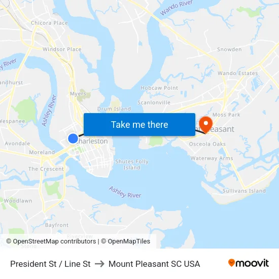 President St / Line St to Mount Pleasant SC USA map