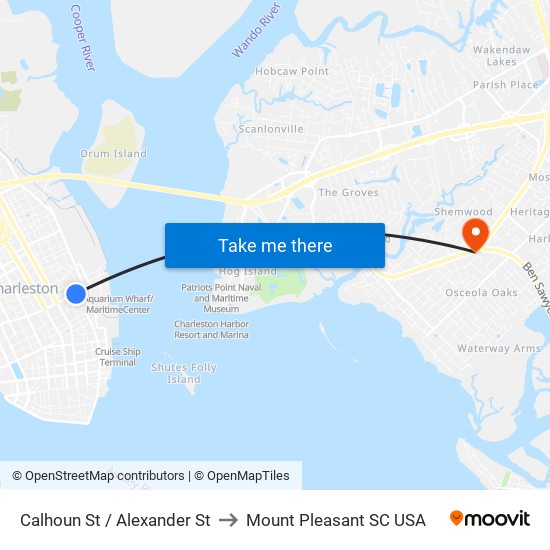 Calhoun St / Alexander St to Mount Pleasant SC USA map