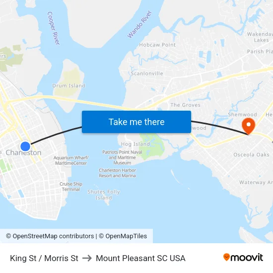 King St / Morris St to Mount Pleasant SC USA map