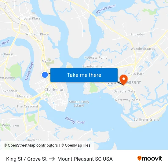 King St / Grove St to Mount Pleasant SC USA map