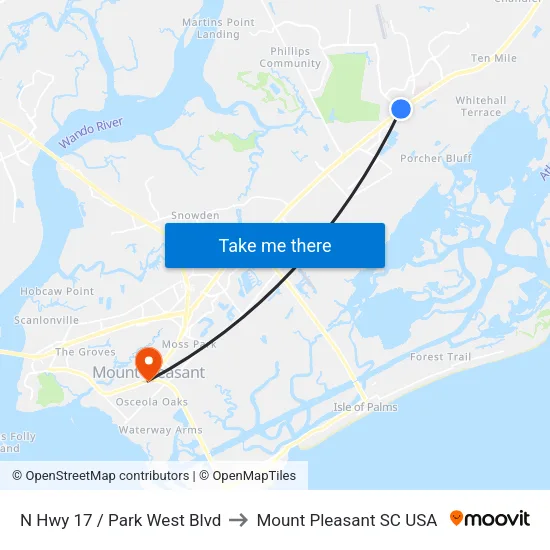 N Hwy 17 / Park West Blvd to Mount Pleasant SC USA map