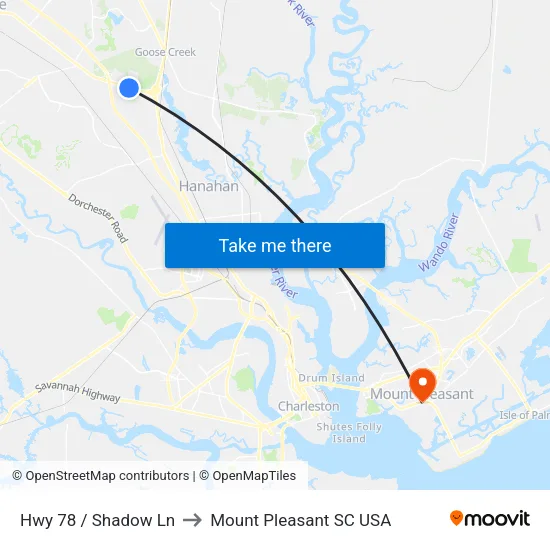 Hwy 78 / Shadow Ln to Mount Pleasant SC USA map
