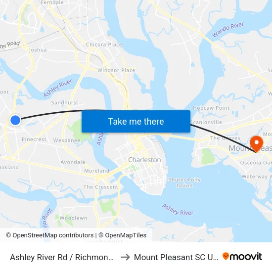 Ashley River Rd / Richmond St to Mount Pleasant SC USA map