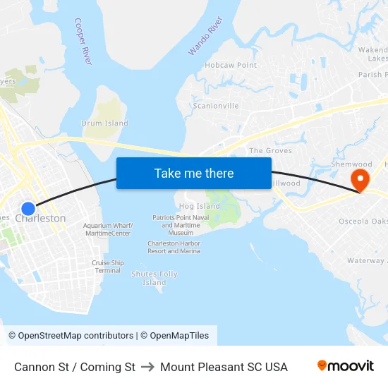Cannon St / Coming St to Mount Pleasant SC USA map