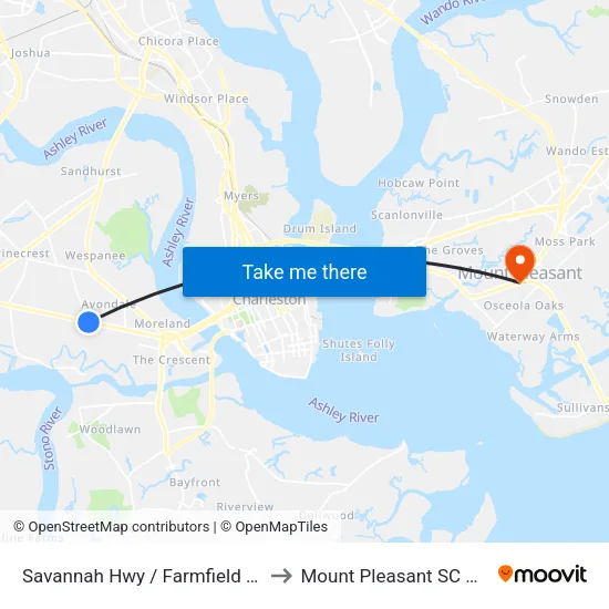 Savannah Hwy / Farmfield Ave to Mount Pleasant SC USA map