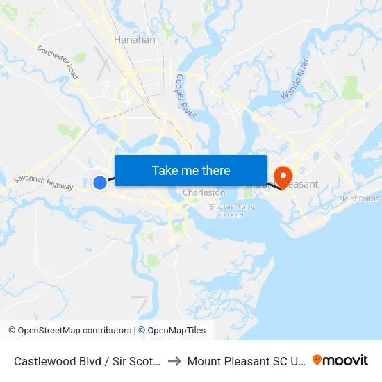Castlewood Blvd / Sir Scott Pl to Mount Pleasant SC USA map