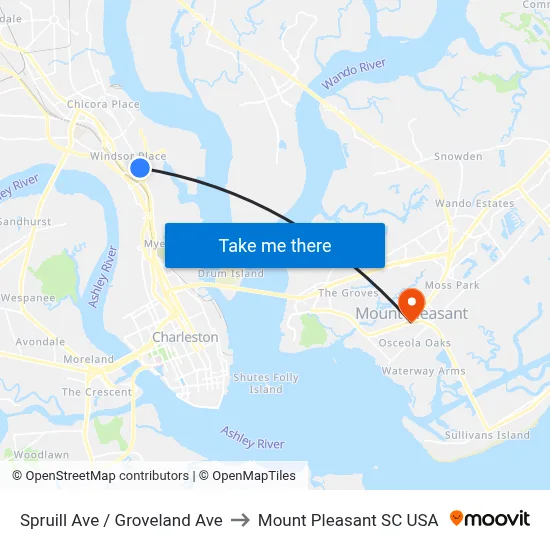 Spruill Ave / Groveland Ave to Mount Pleasant SC USA map
