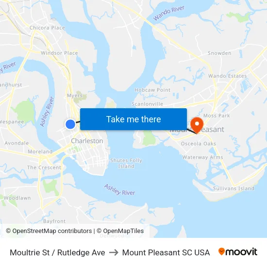 Moultrie St / Rutledge Ave to Mount Pleasant SC USA map