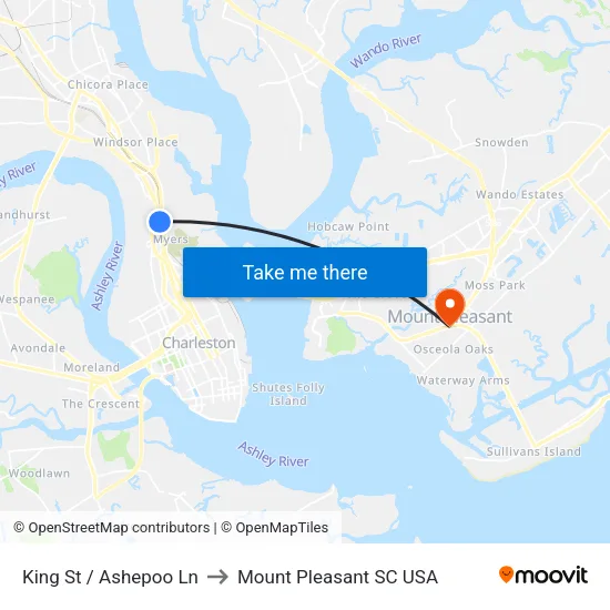 King St / Ashepoo Ln to Mount Pleasant SC USA map