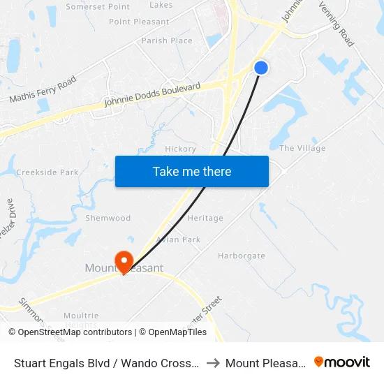 Stuart Engals Blvd / Wando Crossing Shopping Center to Mount Pleasant SC USA map