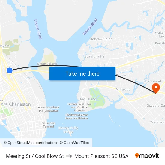 Meeting St / Cool Blow St to Mount Pleasant SC USA map