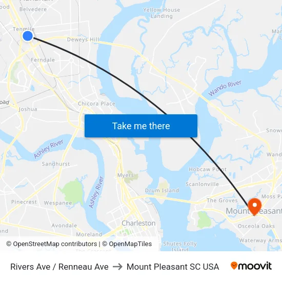 Rivers Ave / Renneau Ave to Mount Pleasant SC USA map