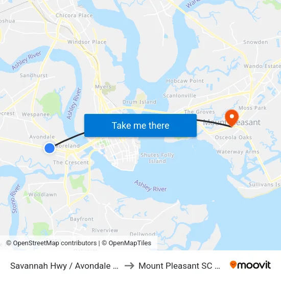 Savannah Hwy / Avondale Ave to Mount Pleasant SC USA map