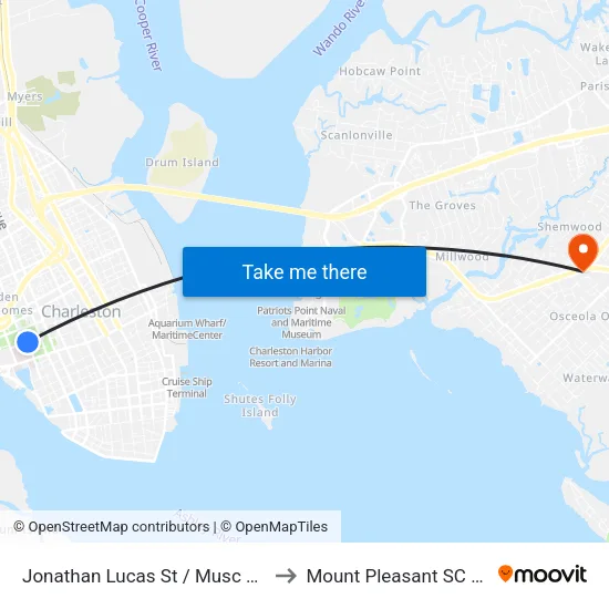Jonathan Lucas St / Musc Quad to Mount Pleasant SC USA map