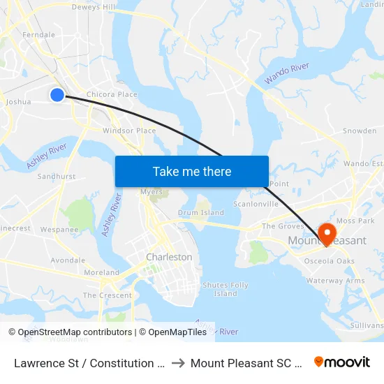 Lawrence St / Constitution Ave to Mount Pleasant SC USA map