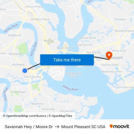 Savannah Hwy / Moore Dr to Mount Pleasant SC USA map