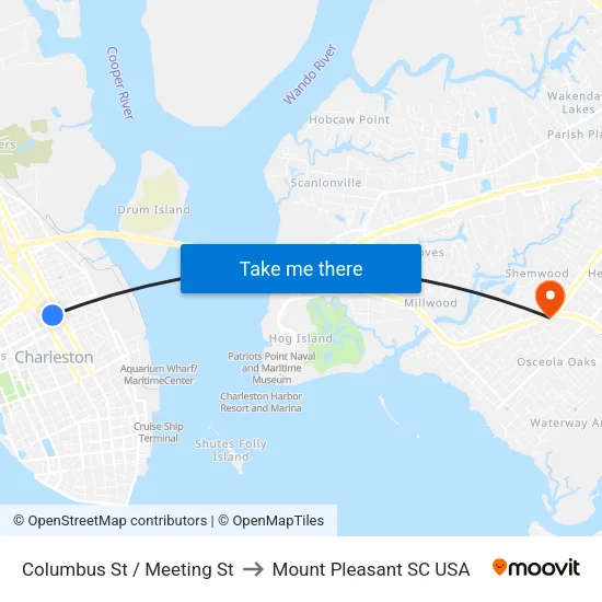 Columbus St / Meeting St to Mount Pleasant SC USA map