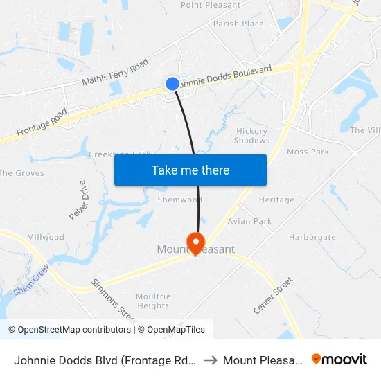 Johnnie Dodds Blvd (Frontage Rd) / Anna Knapp Blvd to Mount Pleasant SC USA map