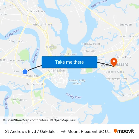 St Andrews Blvd / Oakdale Pl to Mount Pleasant SC USA map