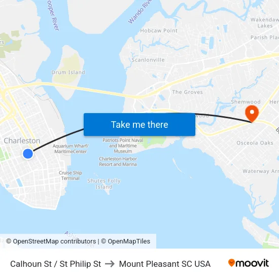 Calhoun St / St Philip St to Mount Pleasant SC USA map