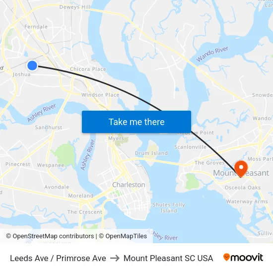 Leeds Ave / Primrose Ave to Mount Pleasant SC USA map